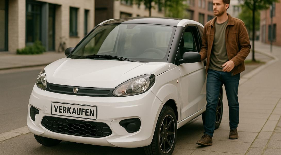 Modernes Mopedauto mit âVerkaufenâ-Schild am StraĂenrand â junger Mann steigt aus, urbaner Hintergrund. Perfekt fĂŒr die Kategorie âMicrocar verkaufenâ.